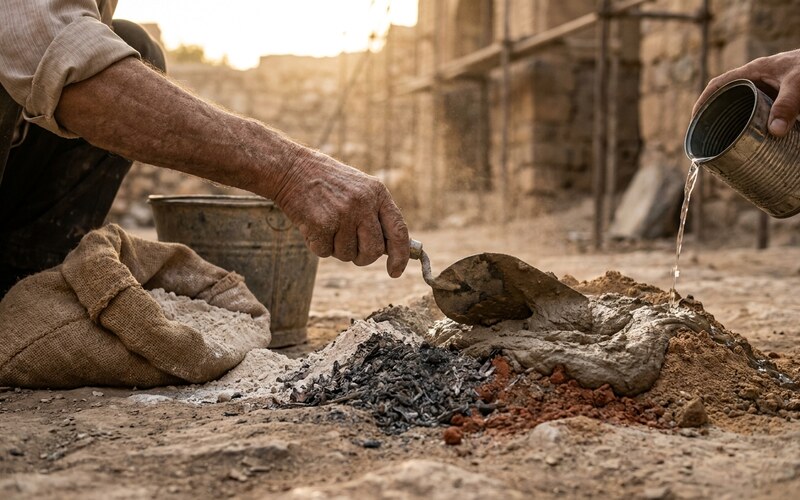 مواد تشکیل دهنده ساروج - مخلوط کردن آهک شکفته، خاکستر و خاک رس