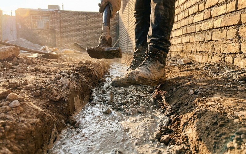 شفته آهک برای پی دیوار - کوبیدن شفته ریزی شده در پی با تخماق